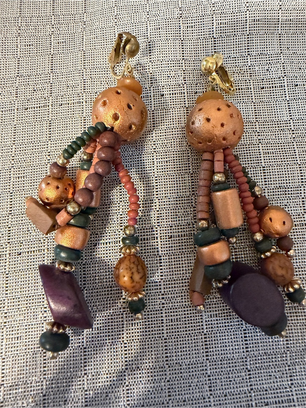 Vintage Boho Multicolor Beaded Tassel Clip-On Earrings - Purple & Gold